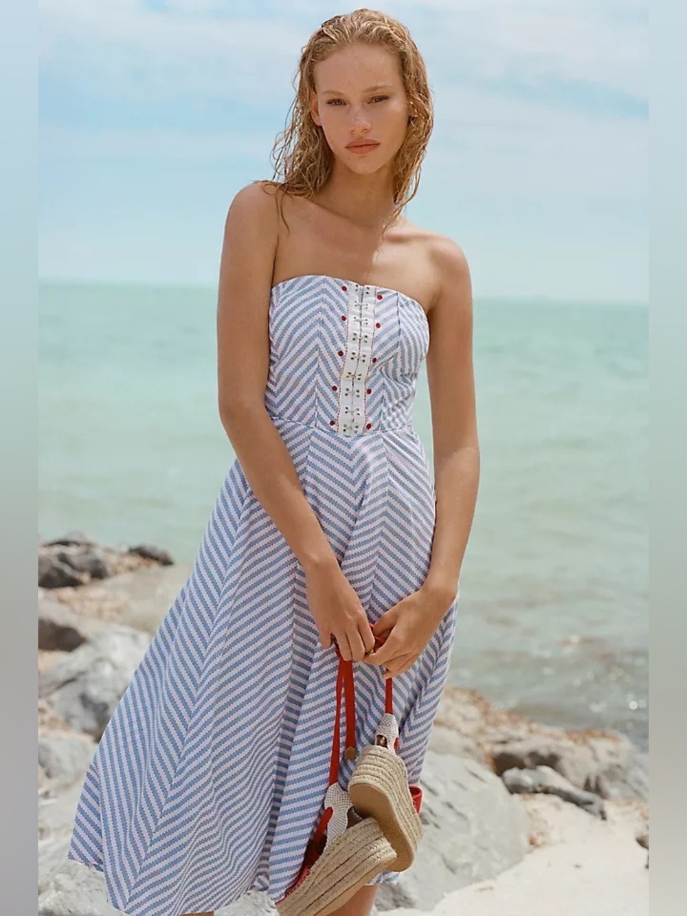 Anthropologie Maeve Strapless A-Line Midi Dress Chevron Coastal Nautical Boho